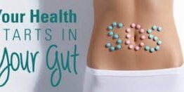 A woman with pills written on her stomach.